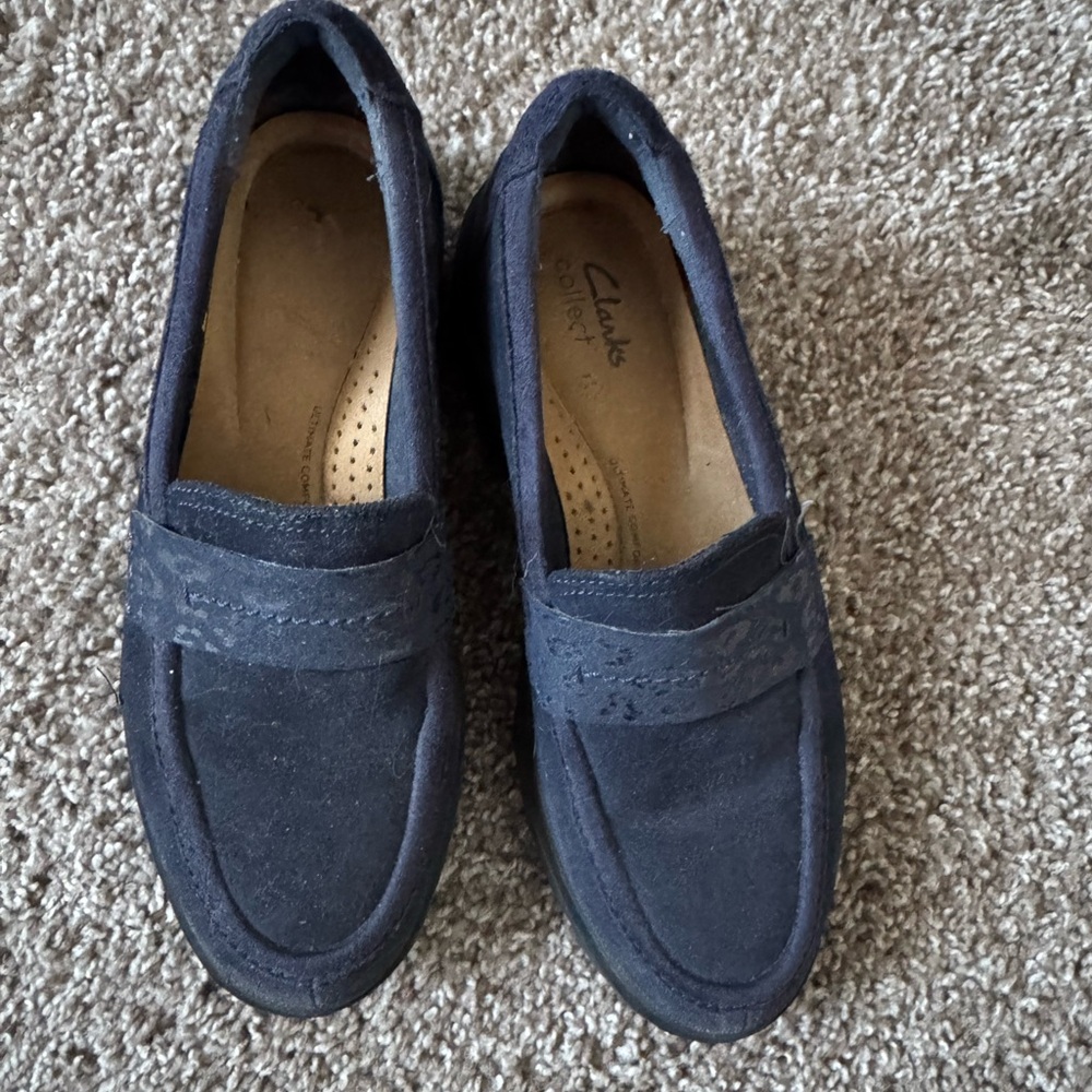 Clarks Women Dark Blue Suede chunky comfortable Loafers shoes 7.5